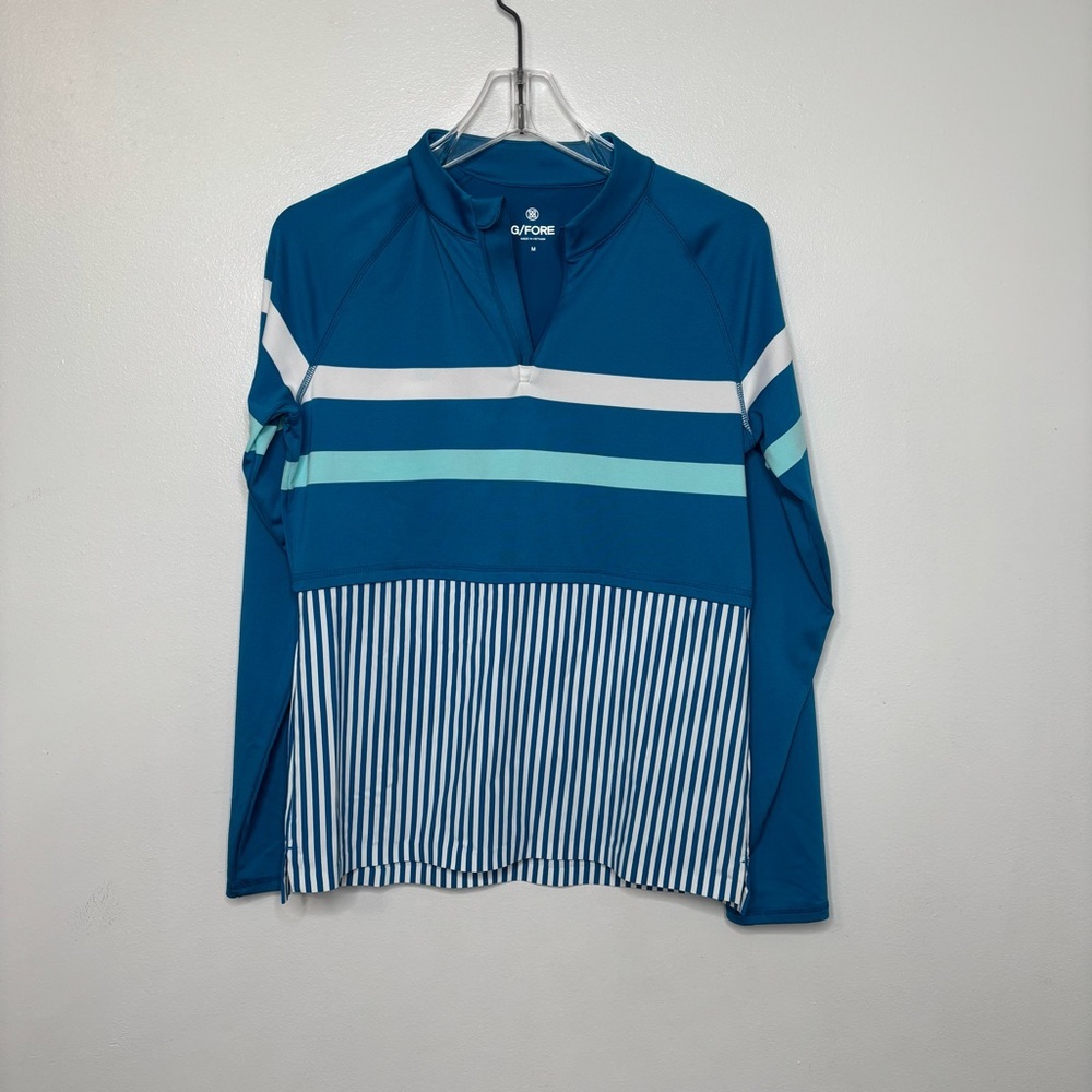 G/FORE Long Sleeve Golf Top Women Medium Blue Striped Quarter Zip 1/4